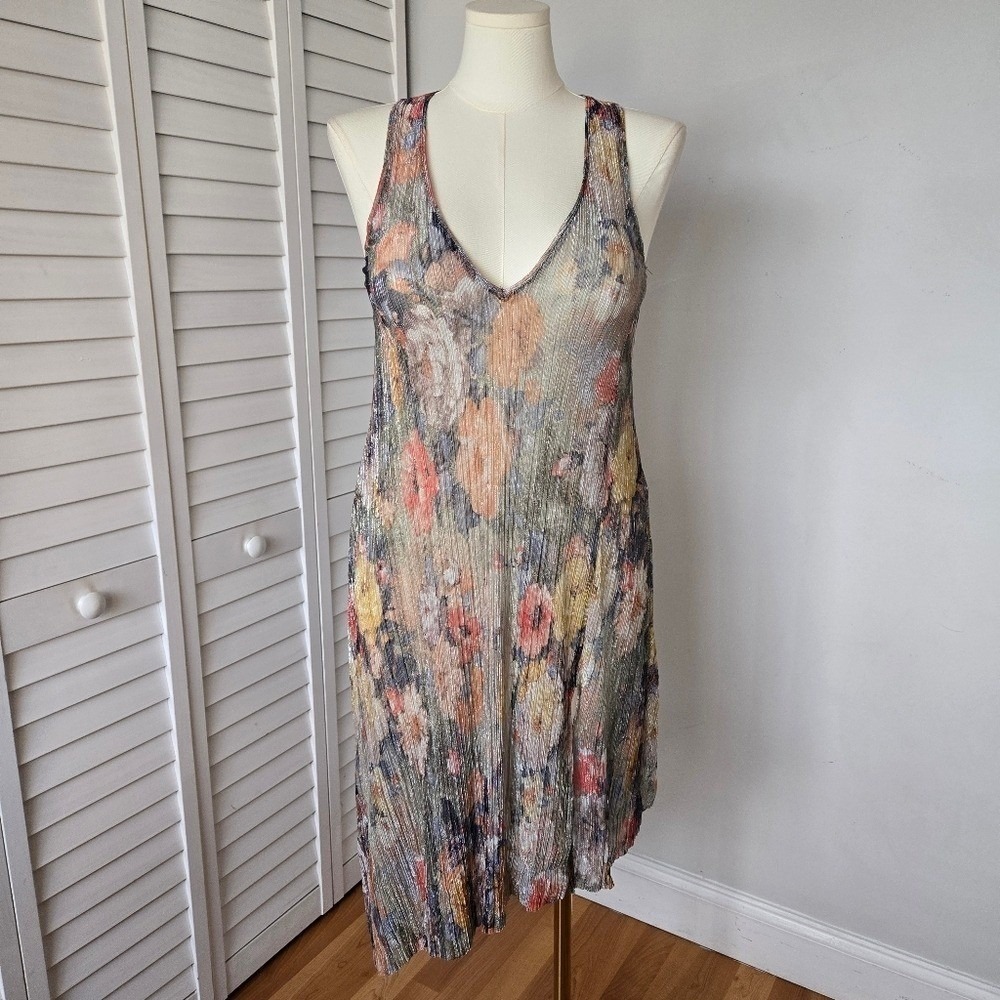 Zara Metallic Floral Asymmetric Sheer Midi Dress Sz S Whimsical Disco Retro Glam